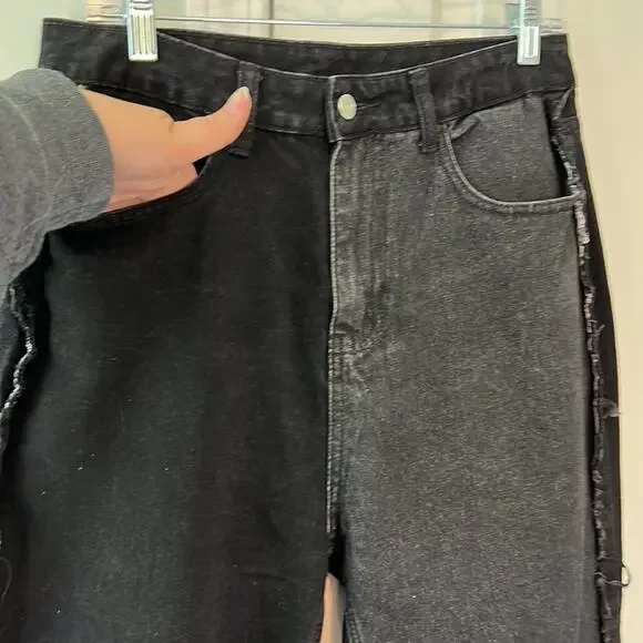 Shein 2 Tone Patch Distressed Black & Dark Denim Ultra High Rise Jeans - Picture 5 of 15